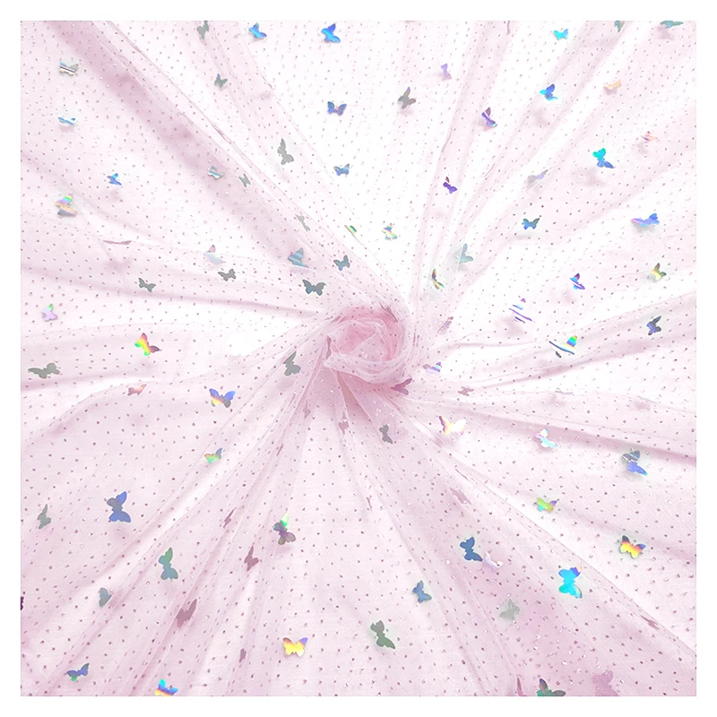 YX2092 YAQIXIN Design 2026 New Arrival Fabric Tulle Pink Shiny Metallic Butterfly Embroidery Sequin Lace Tulle Fabric - 图片 6