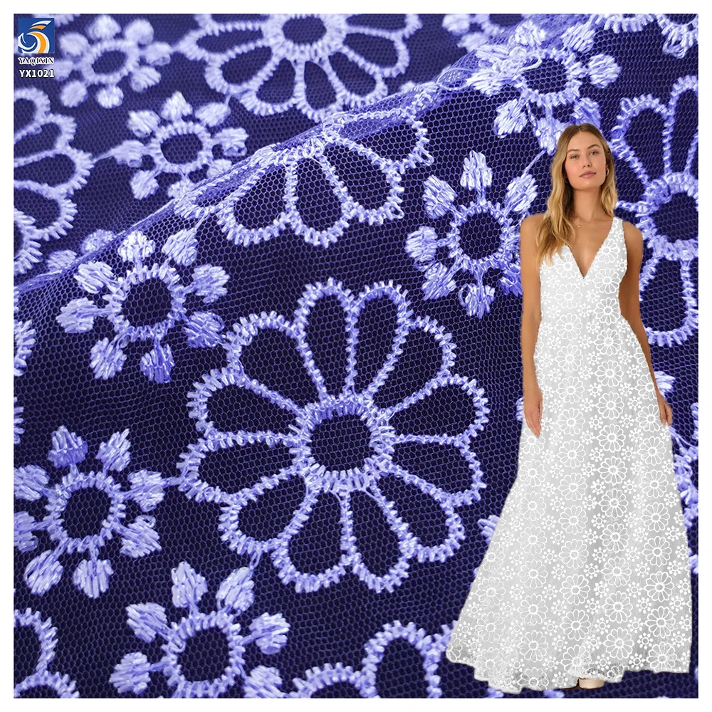 YX1021 New Technology Chrysanthemum Embroidery Tulle Fabric Knitted Poly Mesh Embroidered Fabric Textiles for Apparel