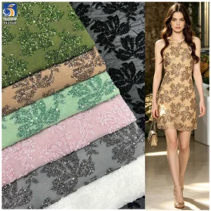 YX1528 Wholesale Shiny Floral Sequin Embroidery Chiffon Fabric for Evening Dress