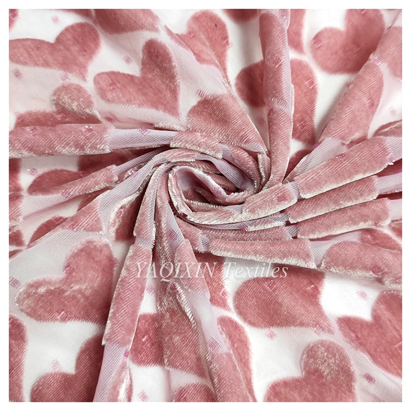 2026 New Arrivals Burnt Out Flocking Mesh Velvet Lace Fabric Heart Spandex Nylon Knitted Stretch Power Mesh Fabric