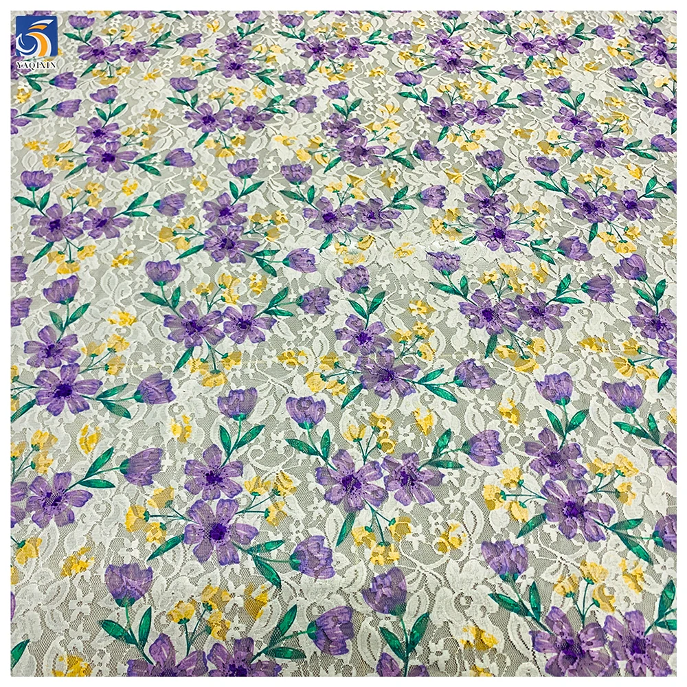 YX744 Purple Floral Stretch Mesh Net Chantilly Lace Fabric 95 Polyester 5 Spandex Printed Mesh Lace Fabric for Clothing - 图片 6