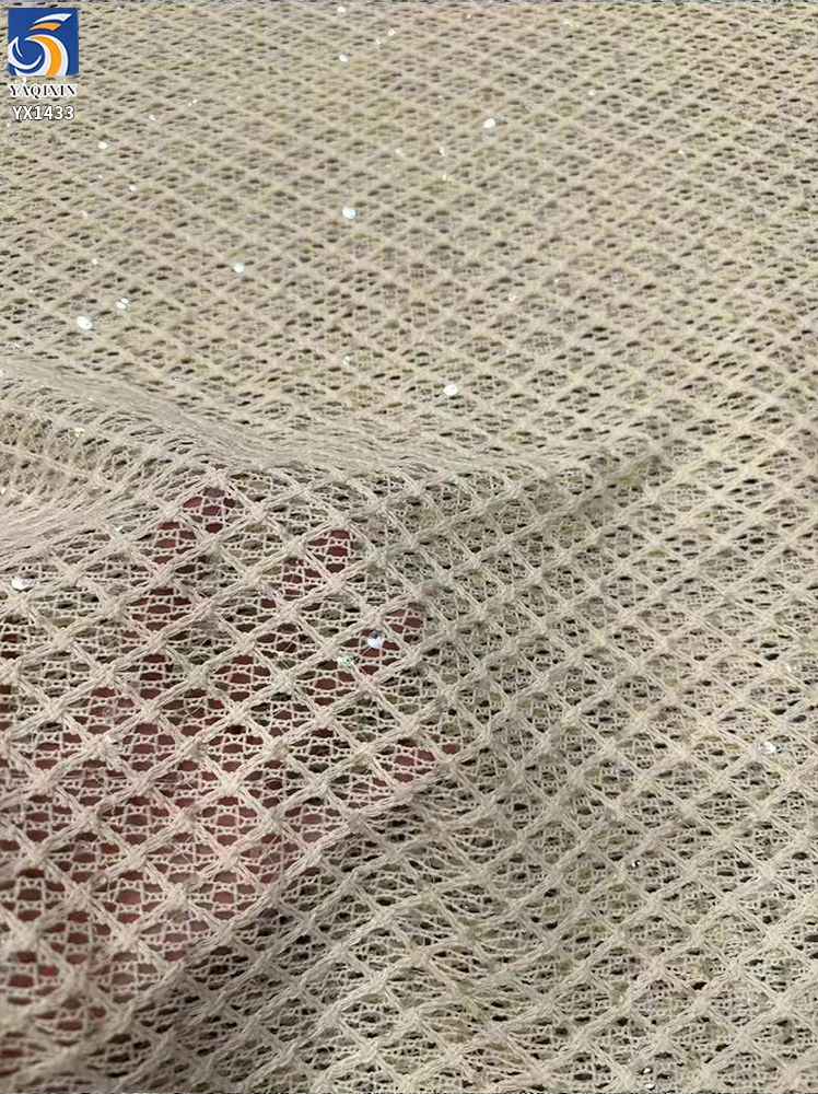 YX1433 2026 Fashion Women Blouse Dress Fabric Plaid 8mm Crystal Sequin Cord Embroidered Mesh Fabric 100 Polyester 130cm Textile - 图片 6