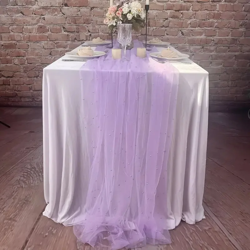 Pearl Tulle Decorative Table Runner Beaded Mesh Cake Dessert Tablecloth Solid Color Aesthetic Background Cloth Wholesale - 图片 2