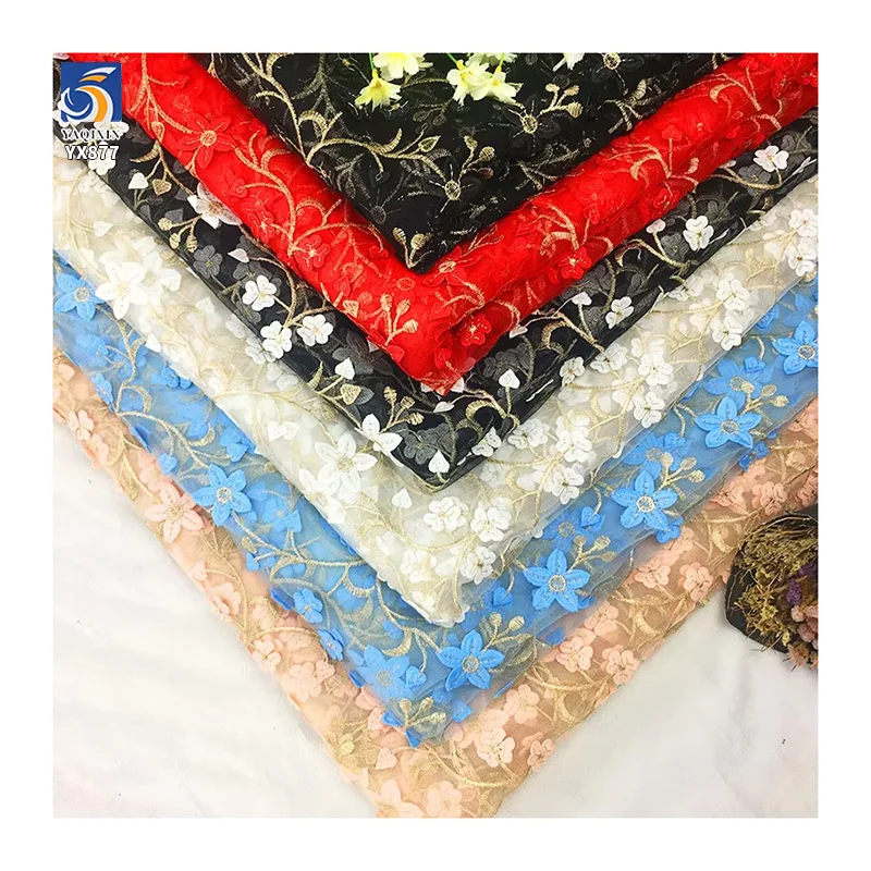 YX877 North America Wholesale High Quality Two Color Embroidery Tulle Fabric With Colorful Small Florals Mesh Dresses Fabric - 图片 3