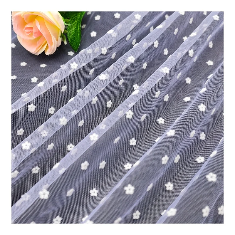 DX158 Hot White Soft Small Floral Flocked Tulle Mesh Fabric Nylon Tulle for Dress - 图片 4