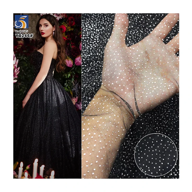 YX246-1 Non-Falling Wholesale Black Polyester Bridal Wedding Silver Glitter Sparkly Tulle Dot Mesh Fabric