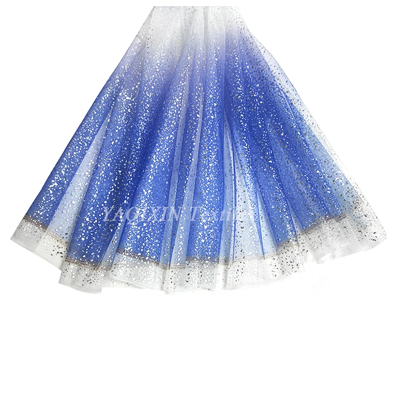 Blue White Ombre Tulle Mesh Knitted Digital Print Poly Fabric with Silver Glitter Dots Fabric Baby Girl Dress Skirt Fabric - 图片 5