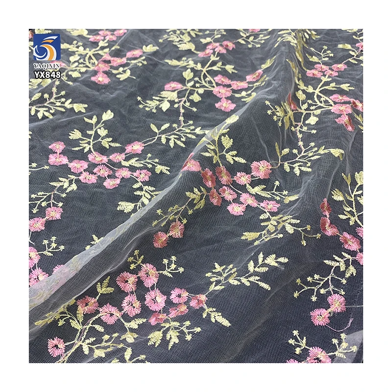 YX695 Ready-To-Stock Wholesale Embroidery Mesh 100% Polyester Pink Florals Embroidery Tulle Fabric for Girls Skirt Making - 图片 2
