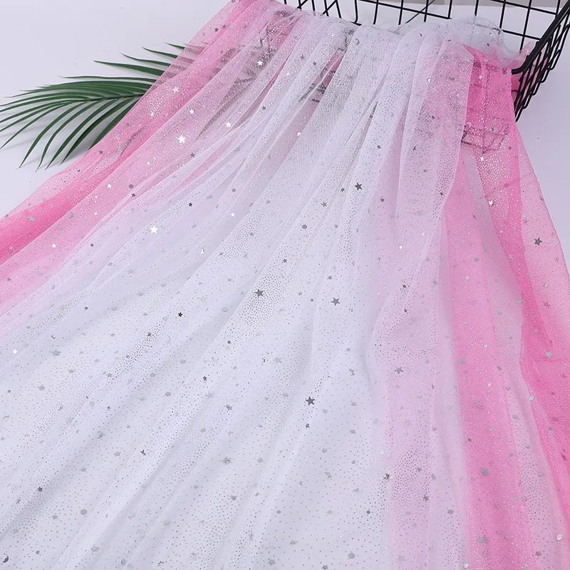 DX144 Sequin Gradient Tulle Metallic Silver Moon Star Glitter Lace Fabric Girl Dress Fabric Ombre Fabric