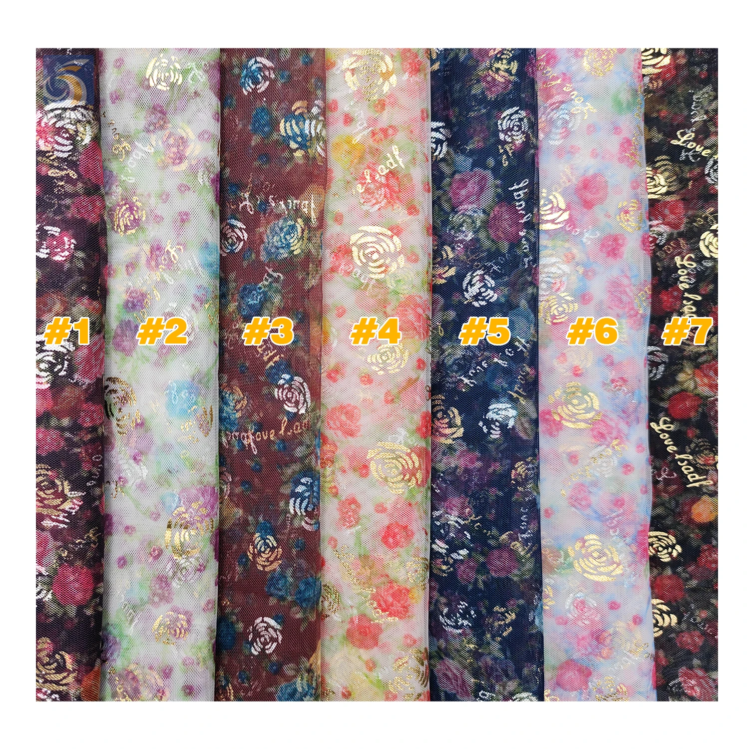 KT20 New Fashion Glitter Rose Flower Gold Printed Tulle Mesh Fabric with Digital Print Floral Tulle - 图片 3