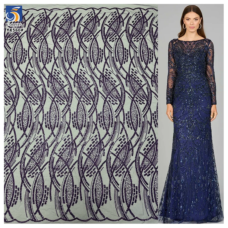 YX560 African Sequin Nigerian Lace Fabric 2025 Glittering Metallic Sequined Lace Fabric for Dance Dresses