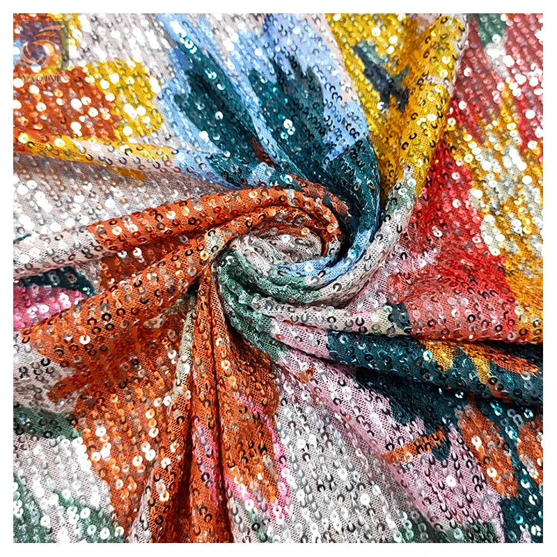 OEM&ODM Custom Colorful Flowers Printed Sequins Fabric Stripe 3mm Glitter Sequin Fabric for Woman Dress - 图片 3