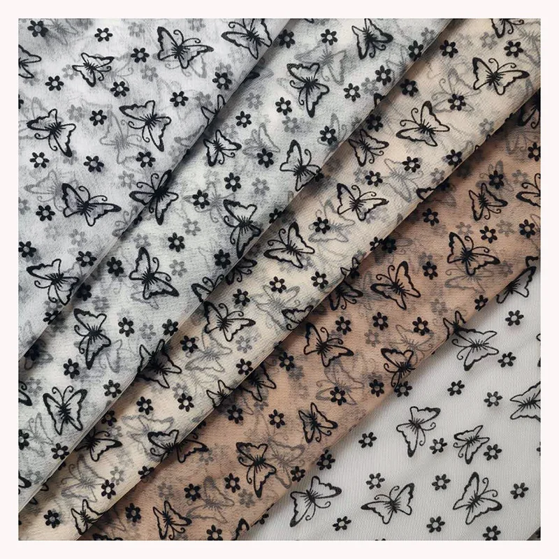 Butterfly Flower Flocking Printed Voile Tulle Fabric Black Velvet Flocked Mesh Lace Fabric for Women Dress - 图片 3