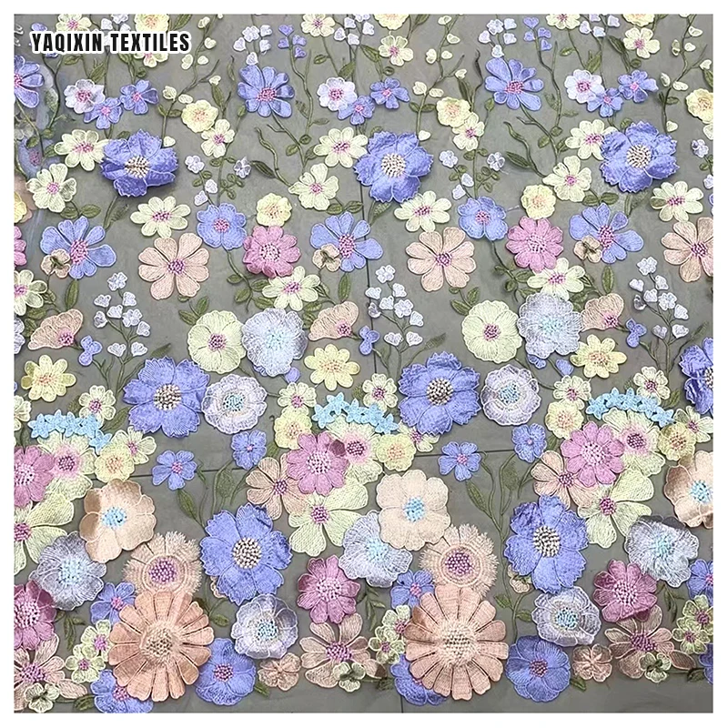China Manufacturer High-End Handmade Embroidery Lace Fabric French Colorful Flower Material Mesh Lace Fabric - 图片 5