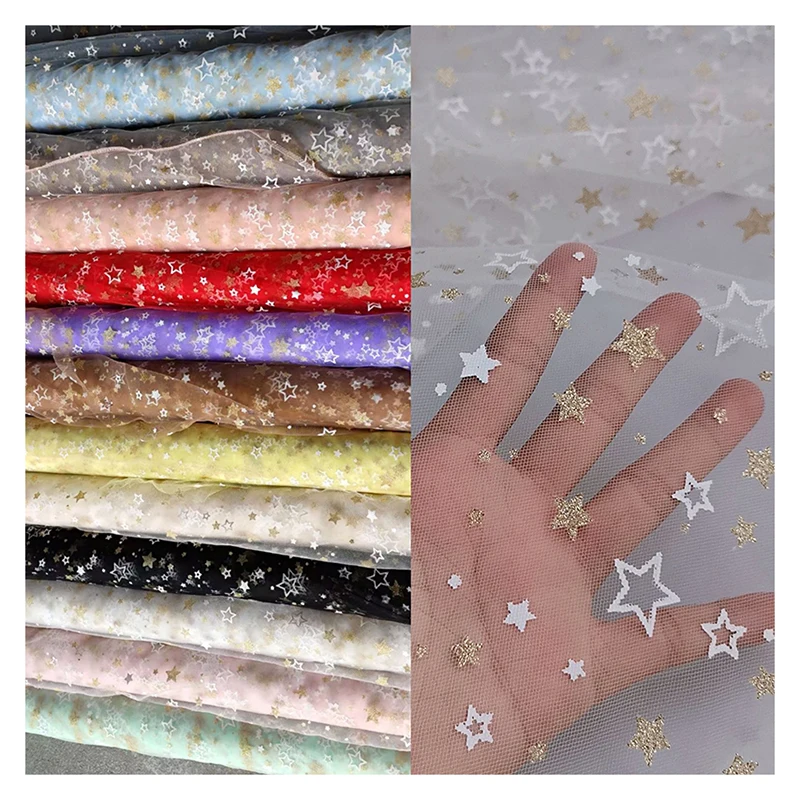 SG34 Purple Soft Tulle Textile Gold Glitter Star Printed Mesh Tulle Fabric for Summer Children's Dress - 图片 6