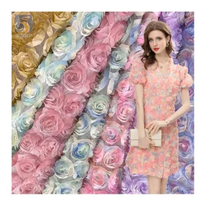 YX2725 New Design 2026 Multi-Color Gradient 3D Flower Embroidery Tulle Fabric With 3D Roses