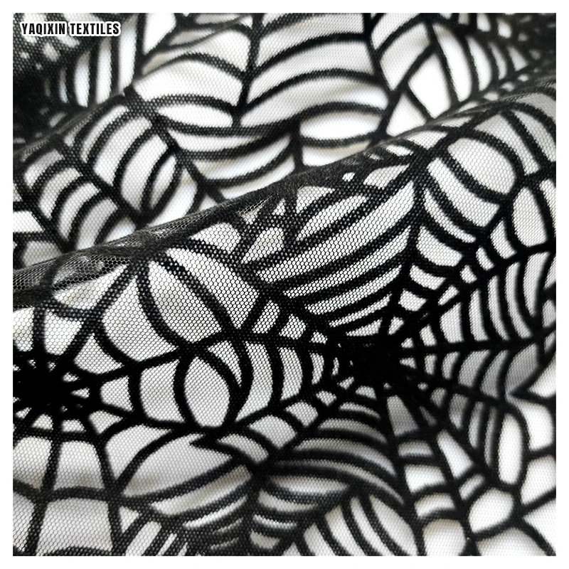 YX2274 Latest Dark Black Soft Polyester Spider Web Pattern Design Flocking Tulle Mesh Fabric for Halloween Hijab Headwear - 图片 3