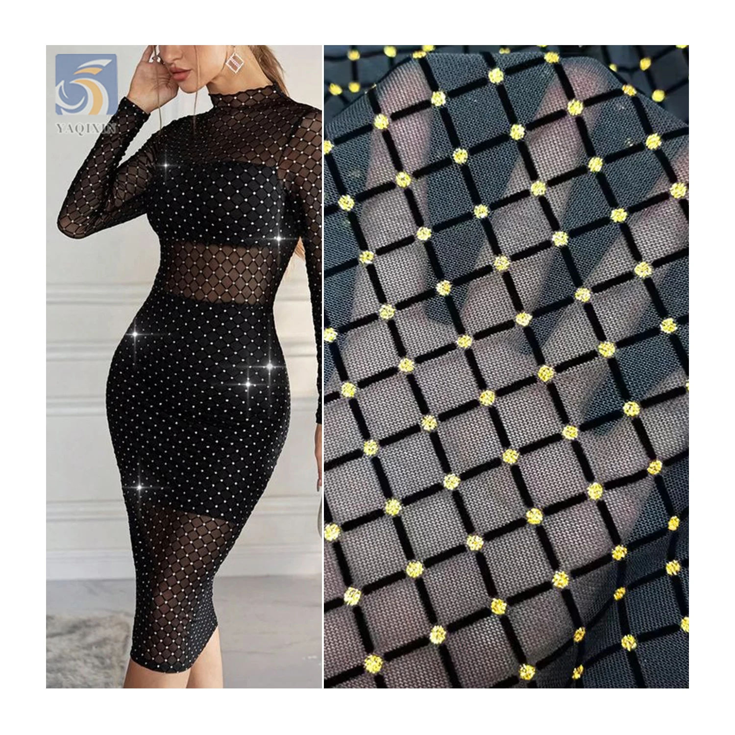 Hot Women Black Lace Dress Fabric Nylon Tulle Flocking Stretch Mesh Fabric