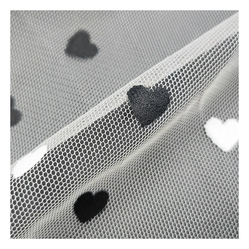 KT005 Black and White Two-Color Digital Printing Heart on 100%Polyester Tulle Mesh Net Fabric - 图片 6