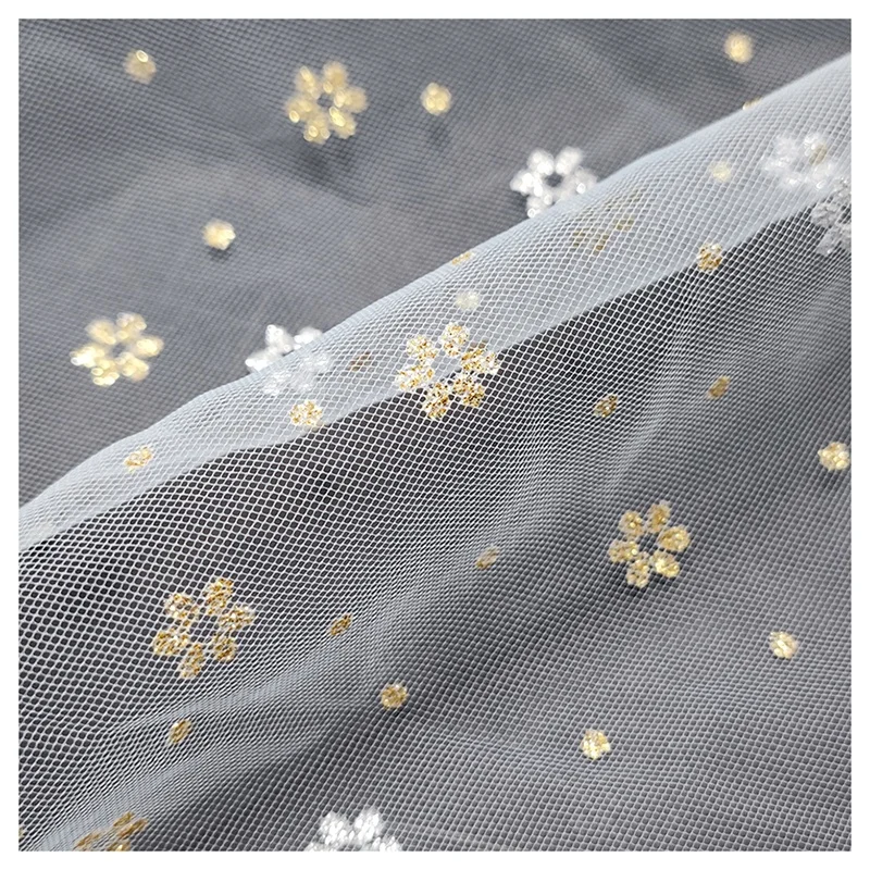 Sparkle Glitter Two-Color Small Cherry Blossoms Floral Polyester Tulle Mesh Fabric