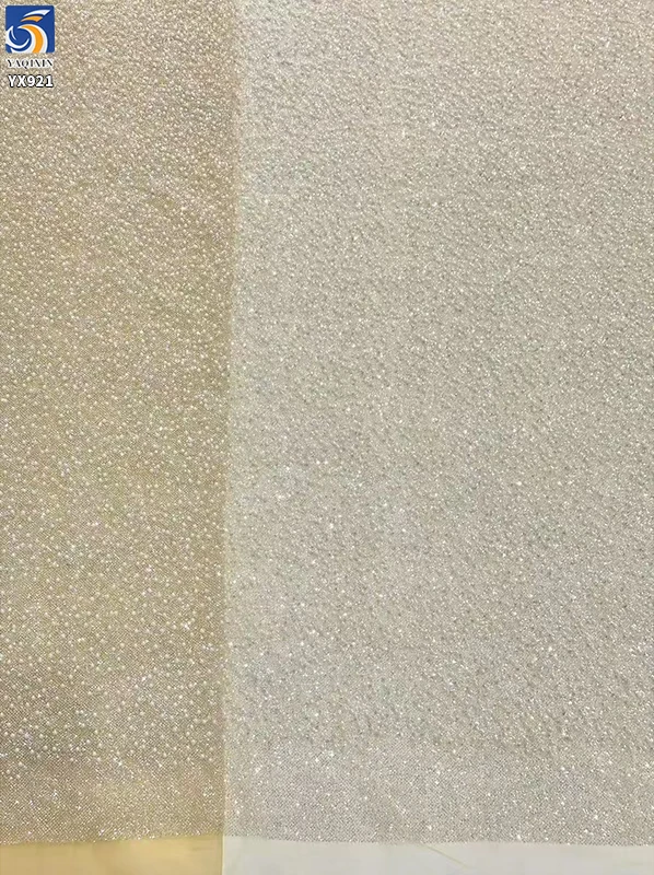YX921 2026 High-end Heavyweight Beige Glitter Tulle Fabric With Beads Knitted 3D Pearls Mesh Bridal Wedding Dress Fabric - 图片 5