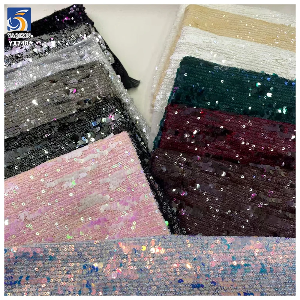 YX748 250gsm Elastic Mesh Embroidery 3MM+5MM Straight Metallic Sequin Fabric Fashionable Women's Skirts Sequin Fabric - 图片 3