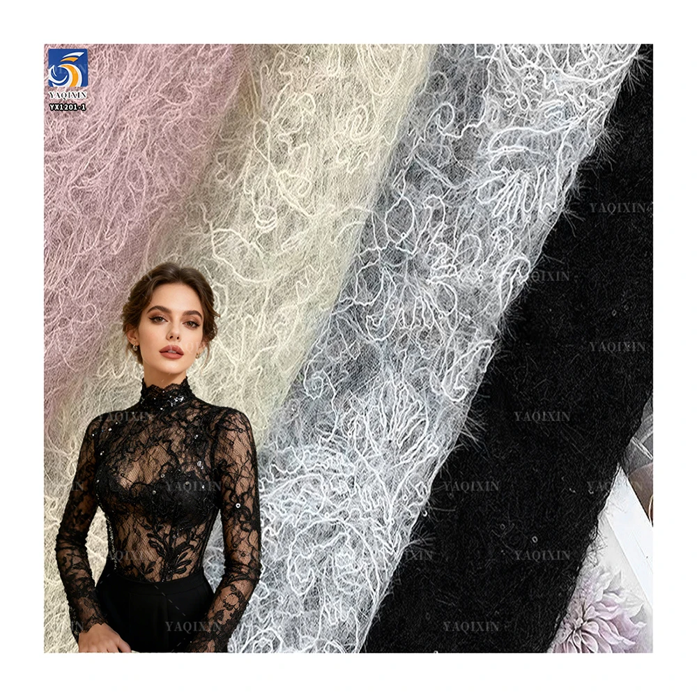 YX1201-1 130gsm Sexy Style Embroidered Black Tulle Fabric for Woman Clothing Mesh Custom Knitted Embroidery Fabric 1 Yard