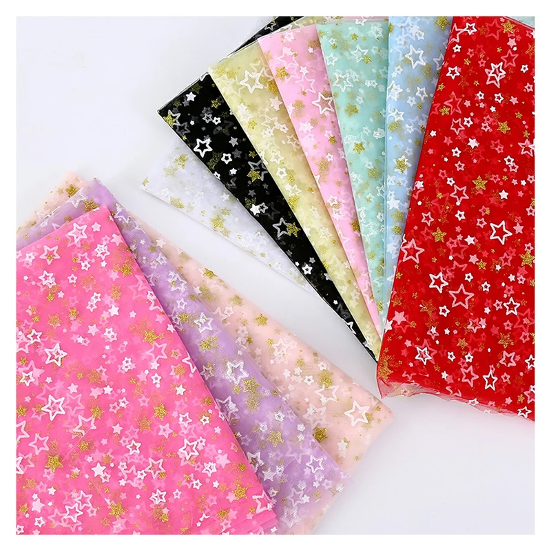 SG34 Purple Soft Tulle Textile Gold Glitter Star Printed Mesh Tulle Fabric for Summer Children's Dress - 图片 3