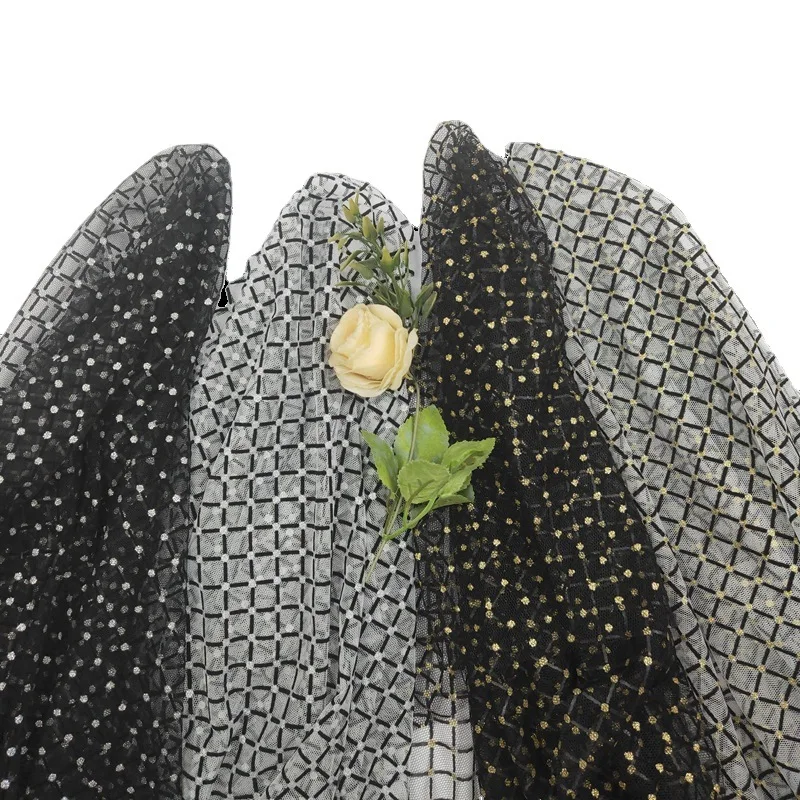 Direct Sales Square Plaid Flocking 36A Polyester Soft Net Mesh Fabric Gold Sparkle Glitter Dot on Tulle Mesh Fabric for Dress - 图片 4
