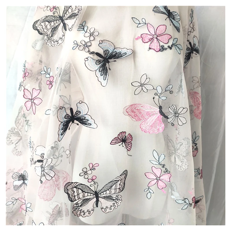 CXT20 Romantic French Woman Dress Mesh Tulle Fabric Embroidery Colorful Butterfly Fabric - 图片 3