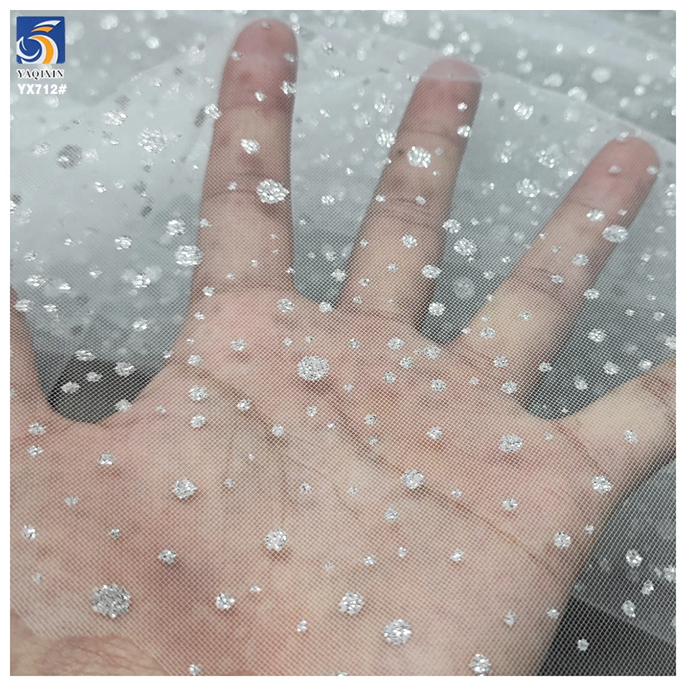 YX712 Customized White 40gsm 100 Polyester Knitted Bridal Tulle Fabric Soft Sparkle Glitter Effect for Wedding Dress Making - 图片 4