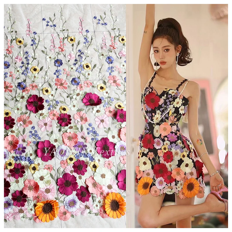 YX2116 2025 High-End French 3D Flower Embroidered Tulle Mesh Lace Fabric for Women's Evening Dresses - 图片 4
