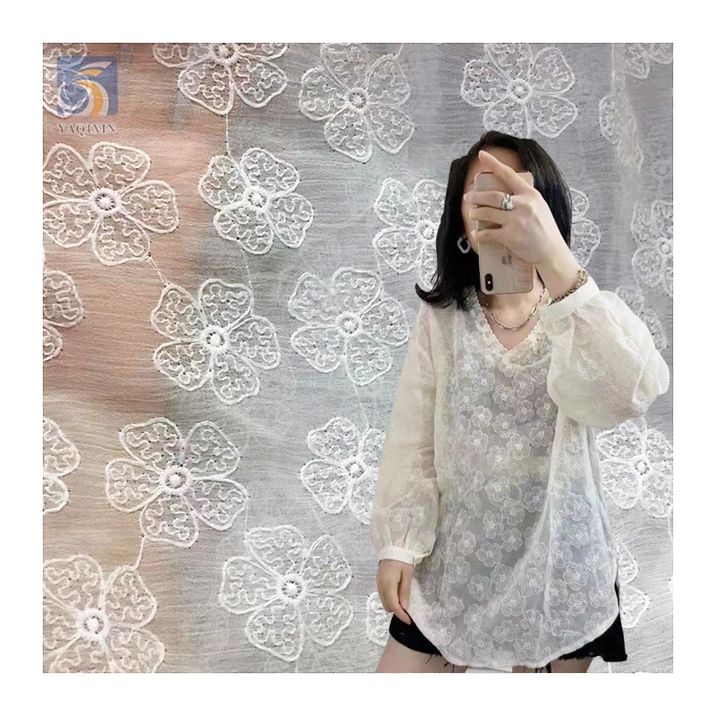 YX2724 High Quality Milk Silk White Flowers Chiffon Fabric for Dress Fancy Embroidery Chiffon Fabric