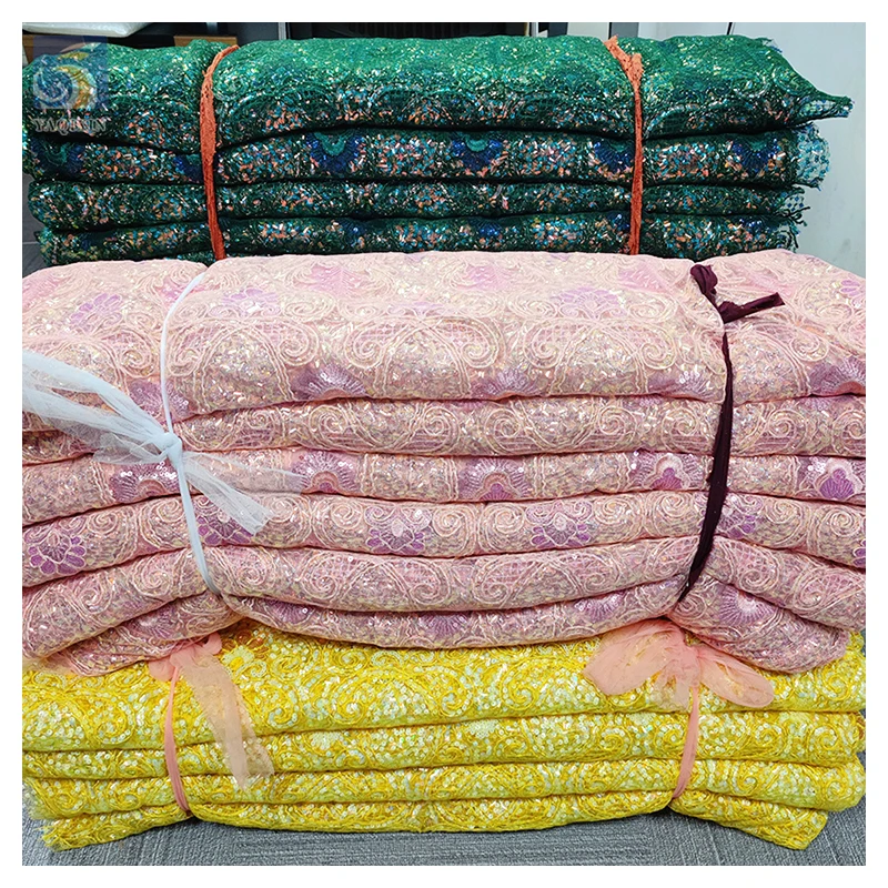 YX2213 Handmade Embroidered Classic Vintage Sequins Nigerian Lace Fabric for Traditional Apparel Dress - 图片 4