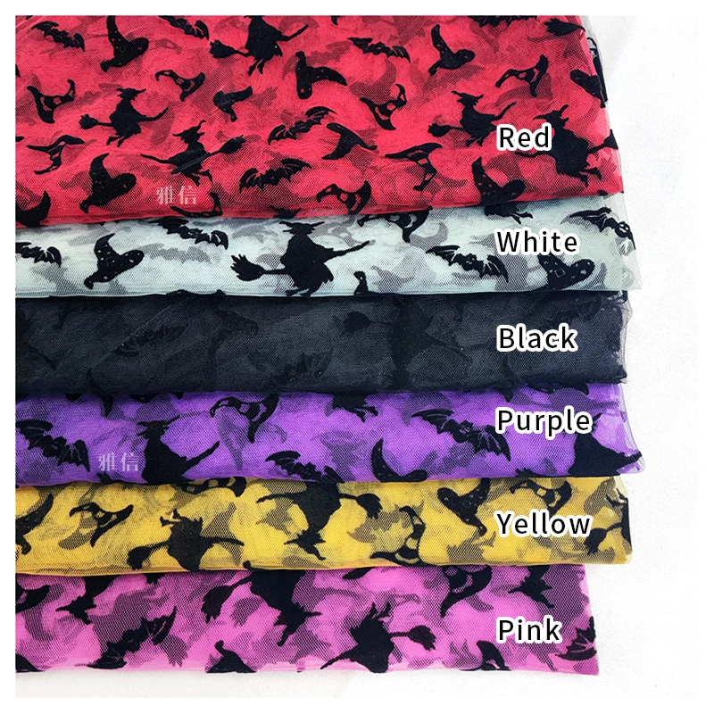 YX2269 American Hot Black Bat Witch Hat Black Flock Design Print Fabric Nylon Polyester Tulle Mesh Net Fabric for Halloween - 图片 6