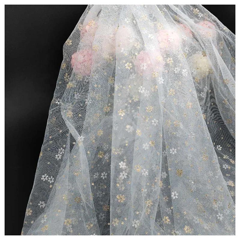 Sparkle Glitter Two-Color Small Cherry Blossoms Floral Polyester Tulle Mesh Fabric - 图片 4