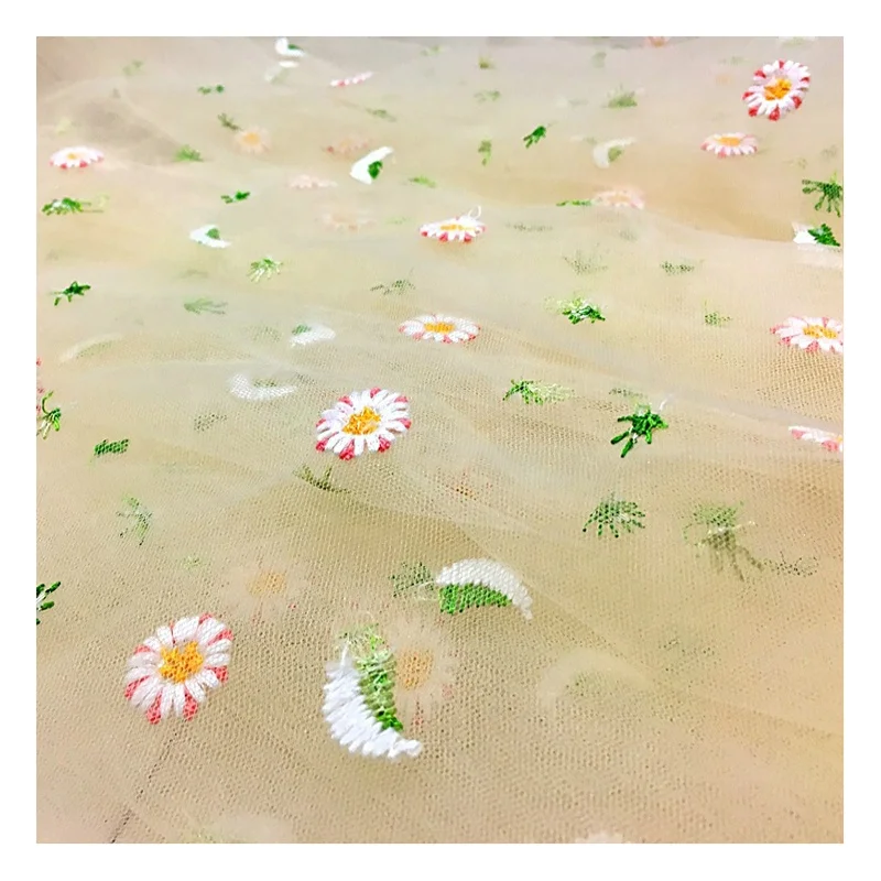 Beautiful Soft Floral Sunflowers Tulle Embroidered Fabric Lace Mesh Embroidered Fabric for Summer Dress