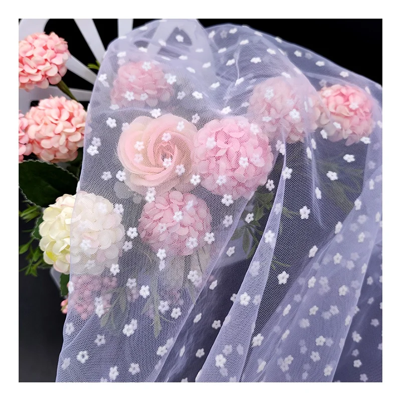DX158 Hot White Soft Small Floral Flocked Tulle Mesh Fabric Nylon Tulle for Dress - 图片 5