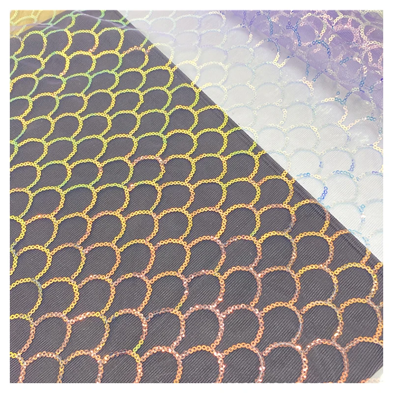 Girls Dancewear Color Shiny Metallic Sequins Fish Scale Mermaid Fabric Polyester Glitter Sequin Embroidery Mesh Tulle Fabric - 图片 3