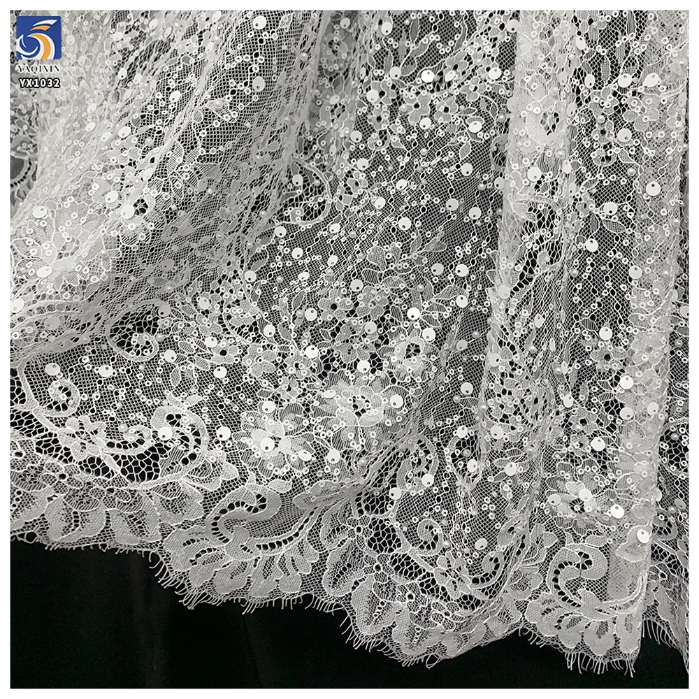 YX1032 China Wholesale Home Textiles Lace Fabric Eyelash White Lace 3D Beaded Sequins Bridal Dress Fabrics for Women - 图片 6