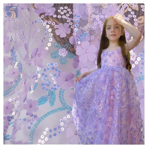 TDS008 Custom Multicolor 3D Floral Embroidered Tulle Lace Fabric for Dress Sequin Embroidered Tulle Mesh Fabric