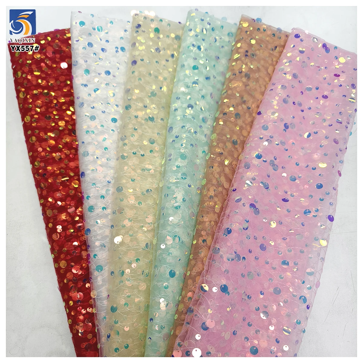 YX557 2025 New Design Multi-Color Polyester Embroidery Mesh Sequin Fabric Transparent Sequins 9 mm 5 mm Fabric - 图片 3