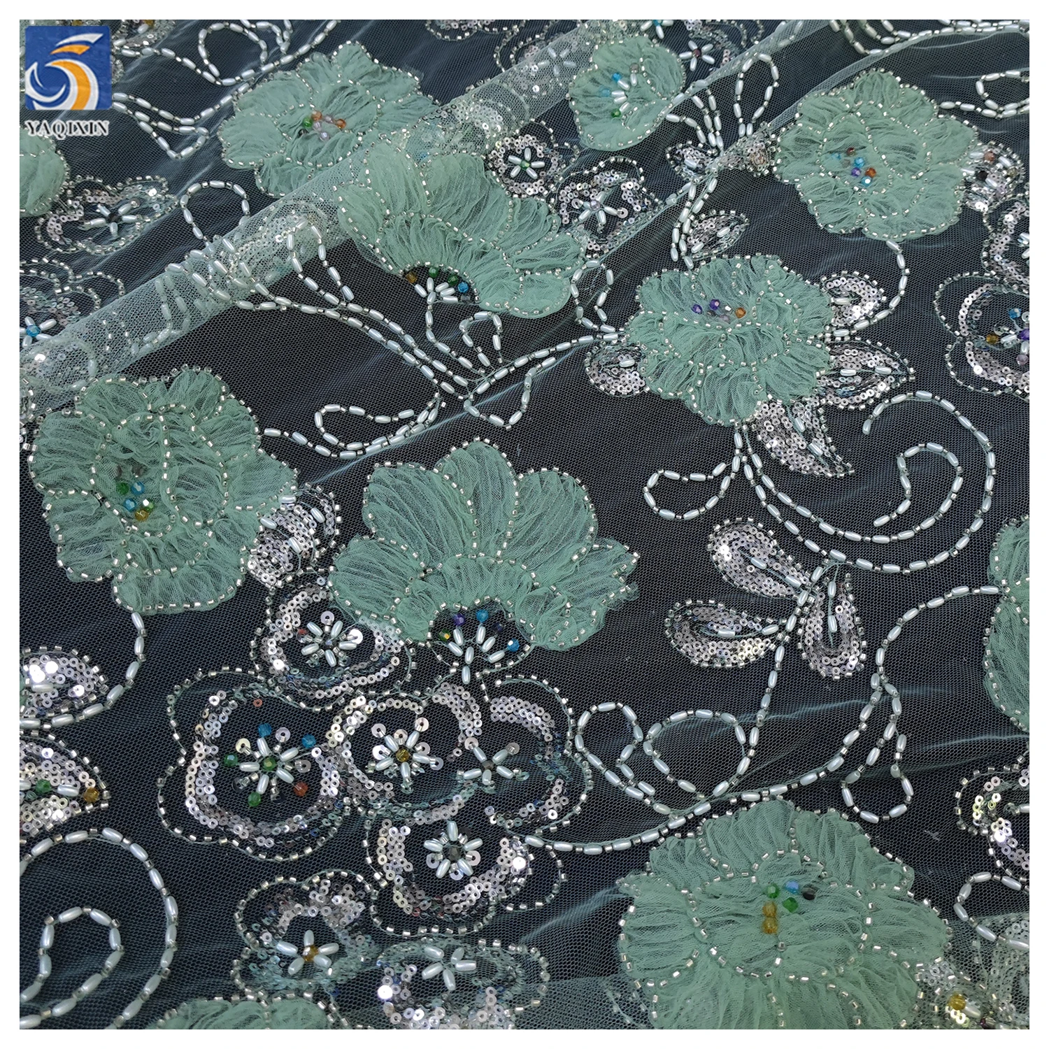 YX500 Latest Colorful Beaded Mesh Fabric 3D Polyester White Tube Beads Embroidery 3D Flower Knitting Mesh Tulle Fabric - 图片 4