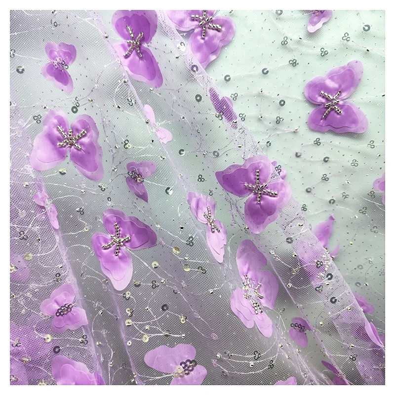 YX2056 2025 New 3D Butterfly Flower Bead Embroidery Tulle Fabric With Sequin Fashion Lace Fabric for Wedding - 图片 5