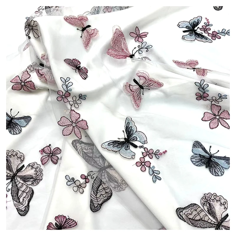 CXT20 Romantic French Woman Dress Mesh Tulle Fabric Embroidery Colorful Butterfly Fabric - 图片 6