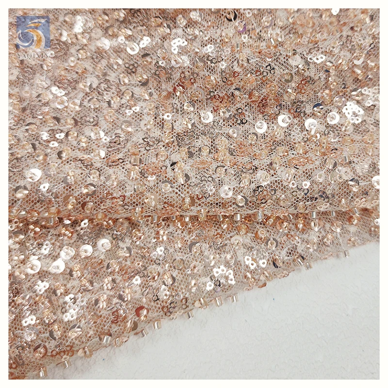 YX2394 High Quality Lace Fabric with Beads and Pearl Shiny Sequin Embroidery Beaded Lace Fabric Luxury for Weddings - 图片 6