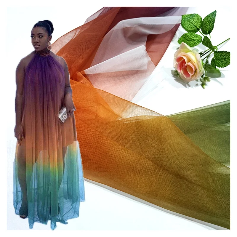 YX2029 New Summer Hot Knitted Tulle rainbow Shade Printing Mesh Nigeria Stretch Polyester Mesh Fabric