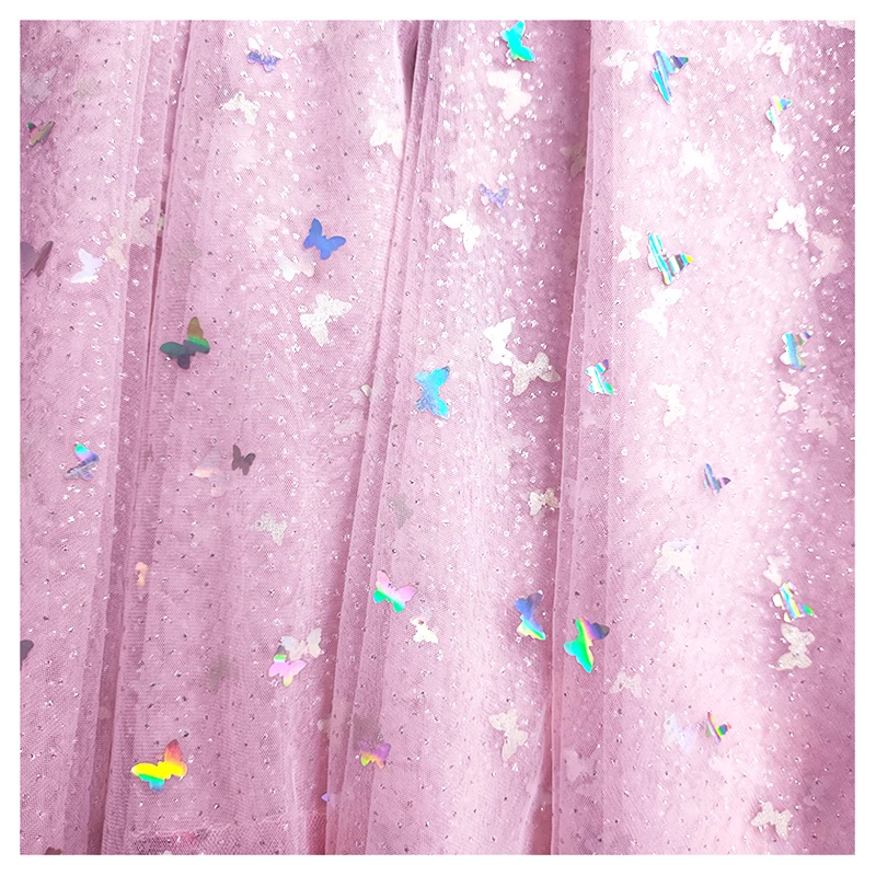 YX2092 YAQIXIN Design 2026 New Arrival Fabric Tulle Pink Shiny Metallic Butterfly Embroidery Sequin Lace Tulle Fabric - 图片 3