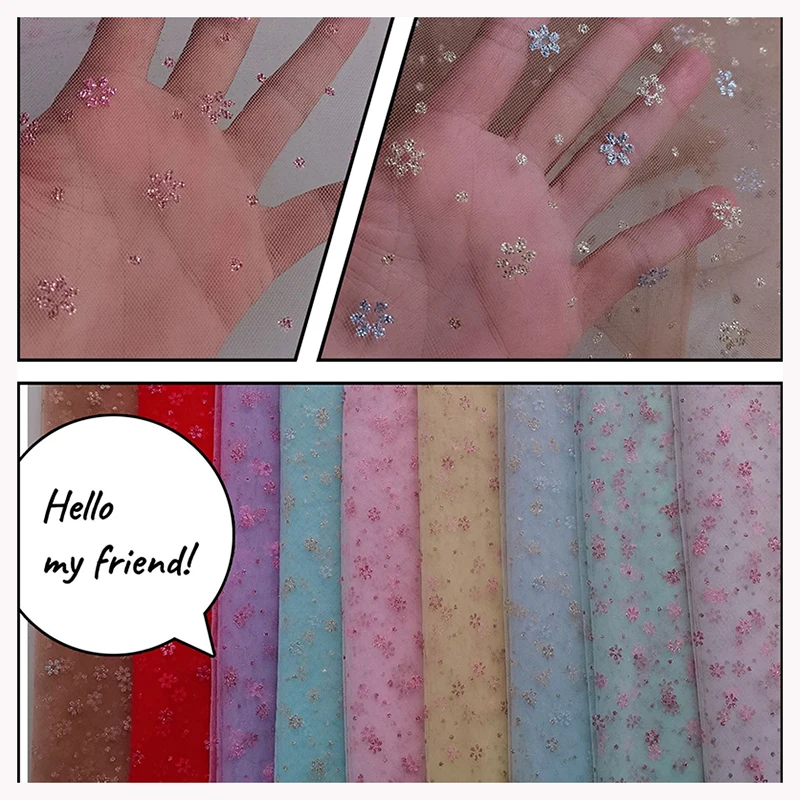 Sparkle Glitter Two-Color Small Cherry Blossoms Floral Polyester Tulle Mesh Fabric - 图片 6