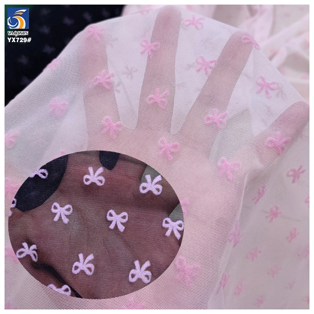 YX729 Christmas Pink Bow Tie Flocked Tulle Fabric 92 Nylon 8 Spandex Stretch Net Mesh Flocking Fabric for Lingerie Dress - 图片 3